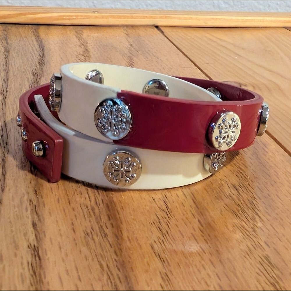 Cute Rustic Cuff Red and White Wrap Bracelet with Silver Accents